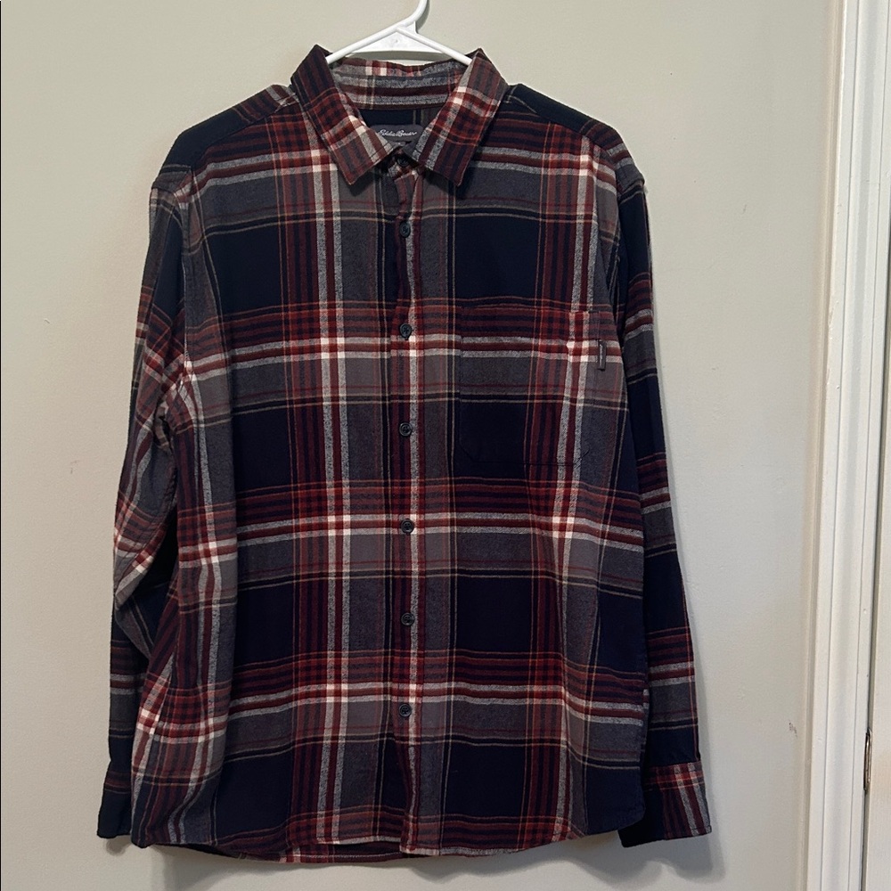 Eddie Bauer Men's Plaid Button-Down Shirt - Navy, Burgundy, and White